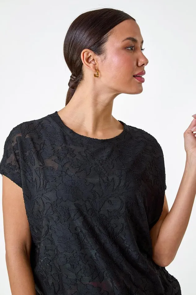 Black Textured Floral Stretch Cocoon Top Women Roman Tops