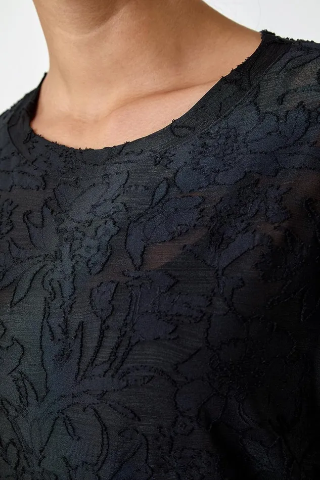 Black Textured Floral Stretch Cocoon Top Women Roman Tops