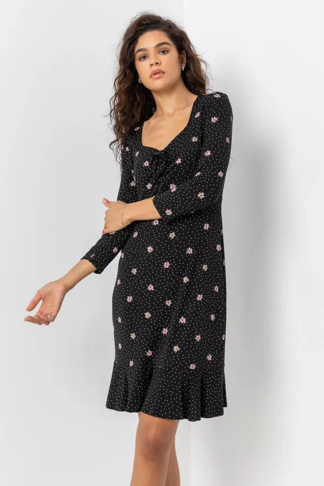 Black Tie Front Floral Tea Dress Women Roman Dresses
