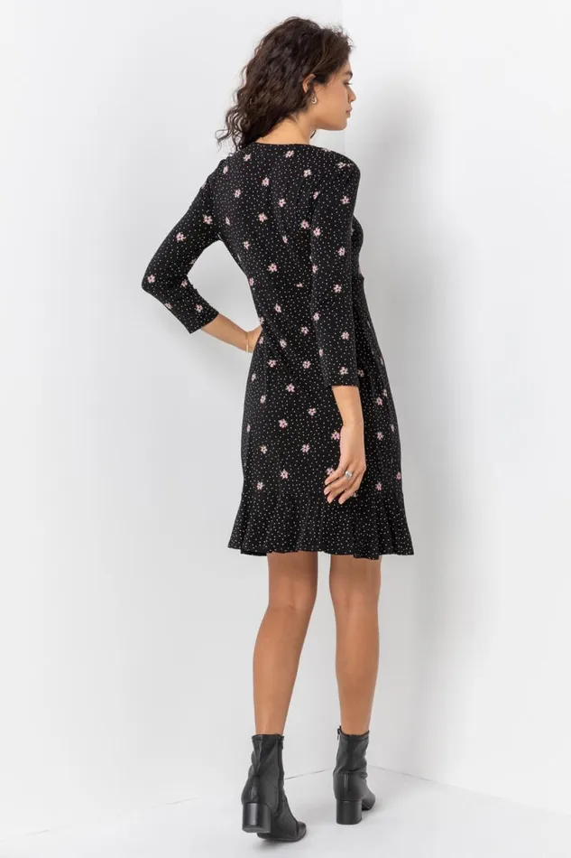 Black Tie Front Floral Tea Dress Women Roman Dresses