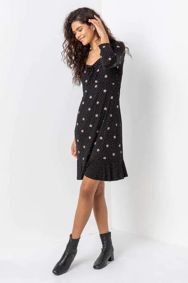 Black Tie Front Floral Tea Dress Women Roman Dresses