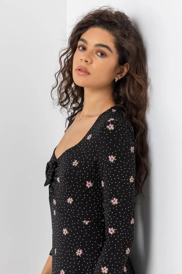Black Tie Front Floral Tea Dress Women Roman Dresses