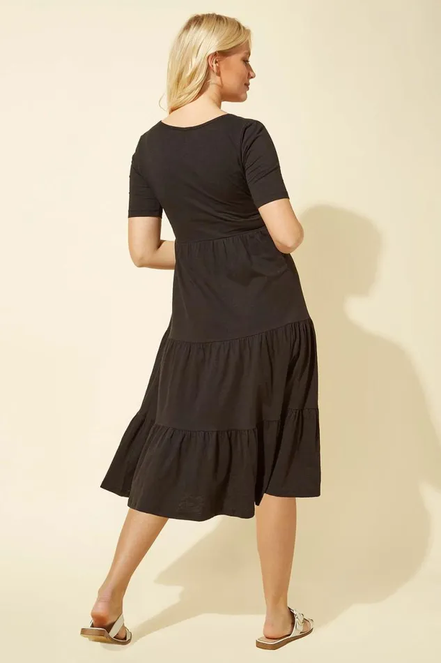Black Tiered Jersey Midi Dress Women Roman Dresses