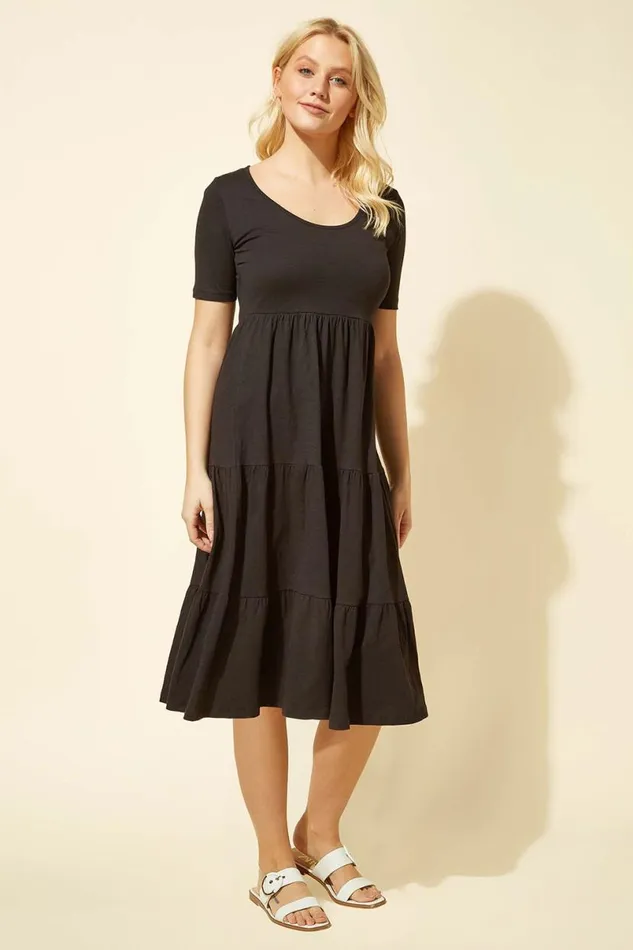 Black Tiered Jersey Midi Dress Women Roman Dresses