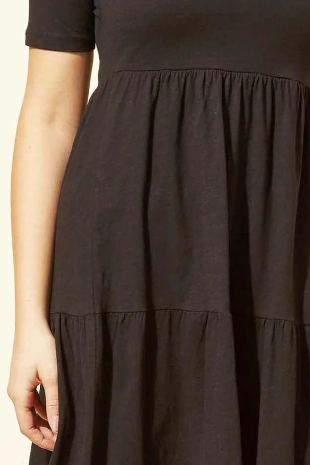 Black Tiered Jersey Midi Dress Women Roman Dresses