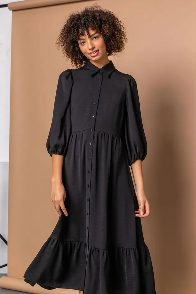 Black Tiered Midi Length Shirt Dress Women Roman Dresses