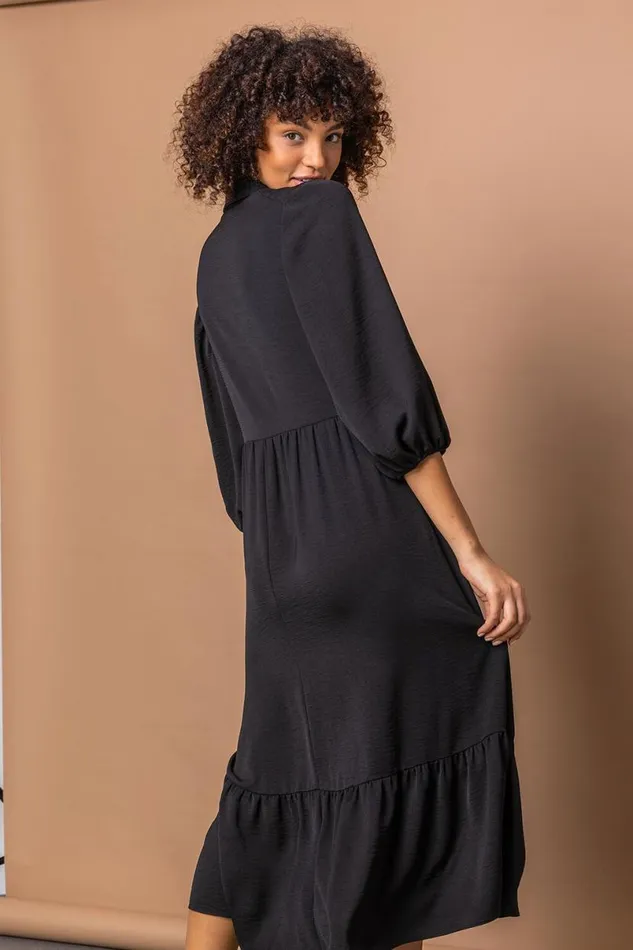 Black Tiered Midi Length Shirt Dress Women Roman Dresses