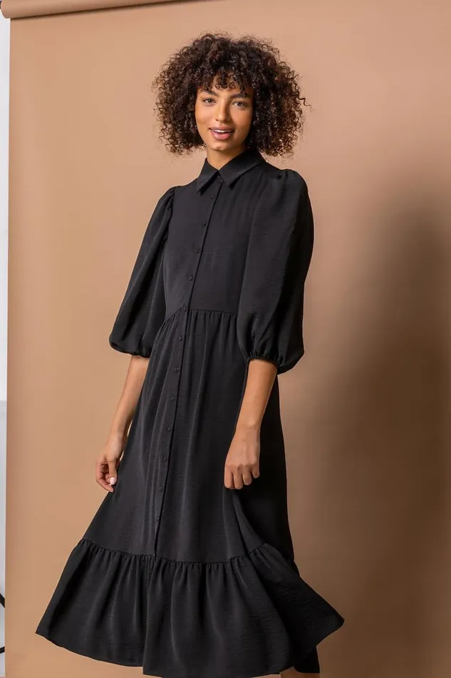 Black Tiered Midi Length Shirt Dress Women Roman Dresses