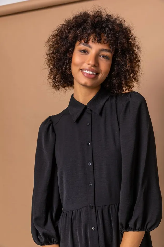 Black Tiered Midi Length Shirt Dress Women Roman Dresses