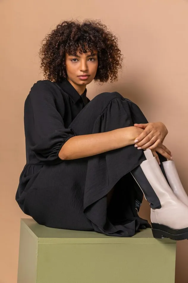 Black Tiered Midi Length Shirt Dress Women Roman Dresses