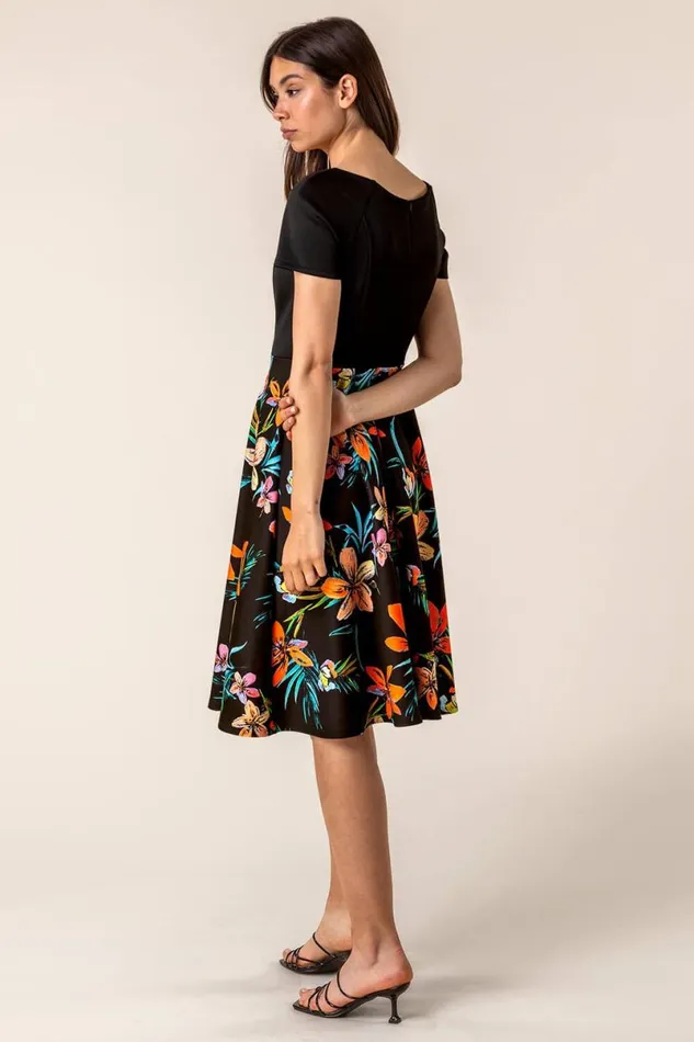 Black Tropical Print Fit and Flare Dress Women Roman Dresses