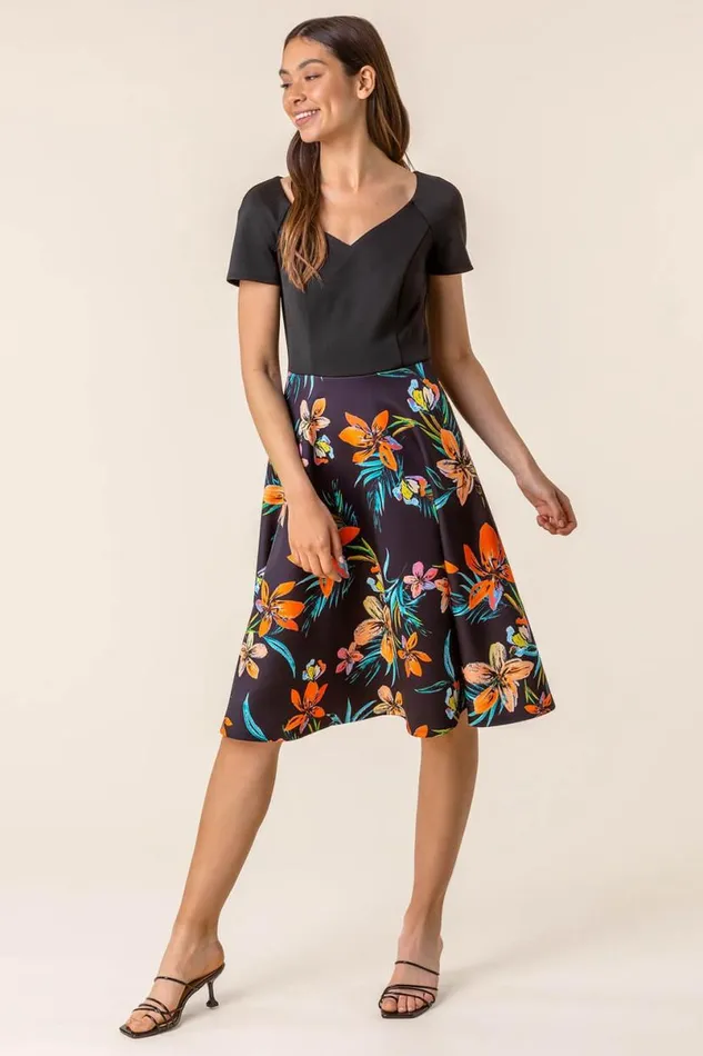 Black Tropical Print Fit and Flare Dress Women Roman Dresses