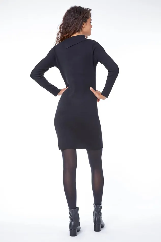 Black Turtle Neck Button Detail Jersey Dress Women Roman Dresses