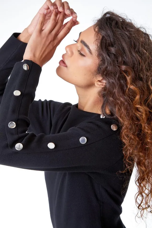 Black Turtle Neck Button Detail Jersey Dress Women Roman Dresses