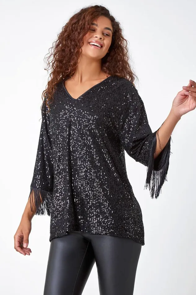 Black VNeck Sequin Tassel Detail Tunic Stretch Top Women Roman Tops