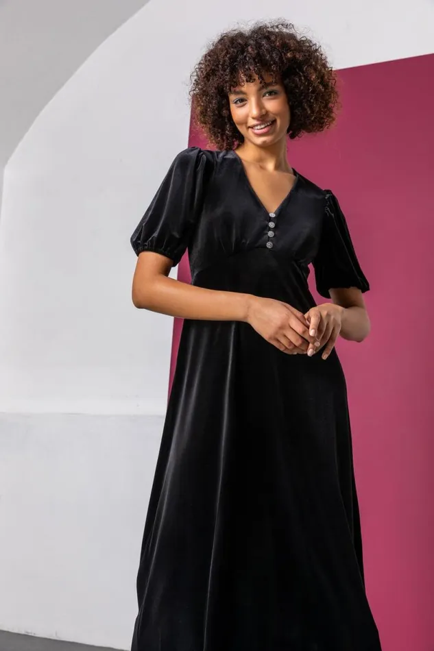 Black Velvet Button Detail Fit and Flare Dress Women Roman Dresses