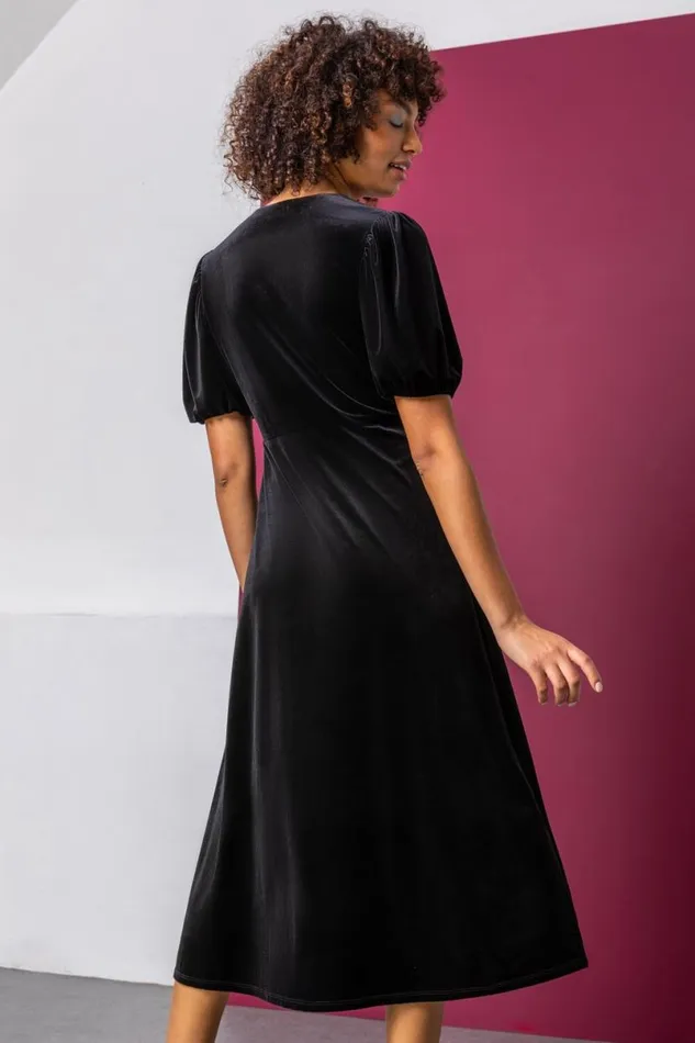 Black Velvet Button Detail Fit and Flare Dress Women Roman Dresses