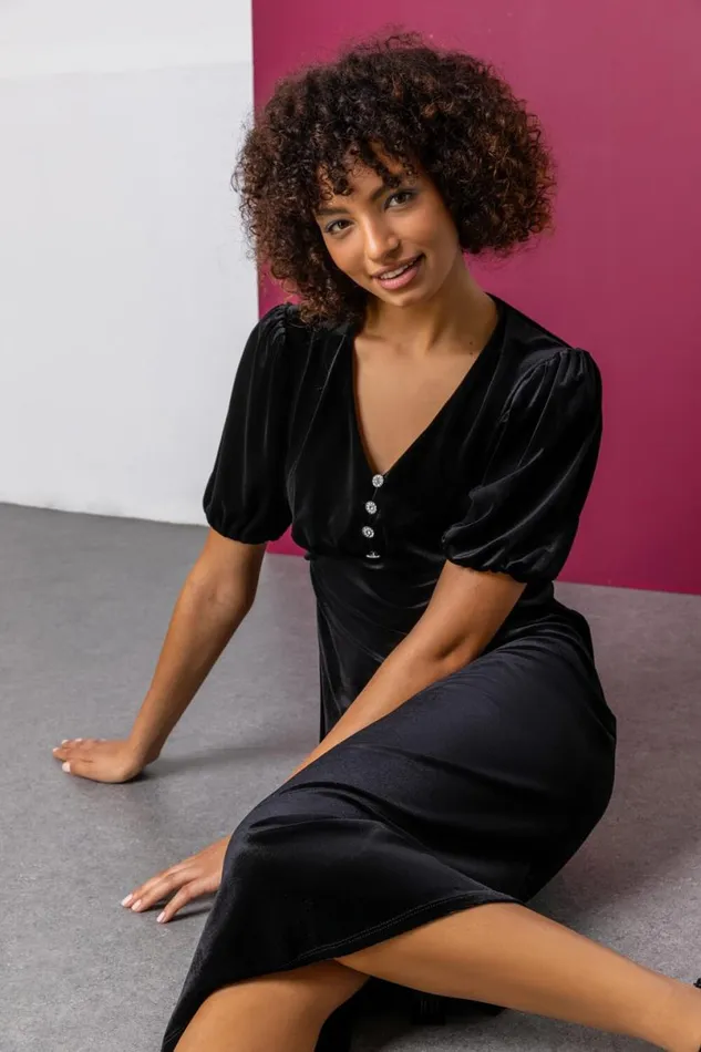 Black Velvet Button Detail Fit and Flare Dress Women Roman Dresses