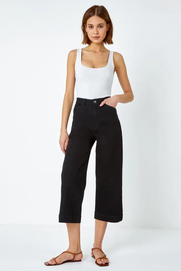 Black Wide Leg Stretch Denim Culottes Women Roman Trousers