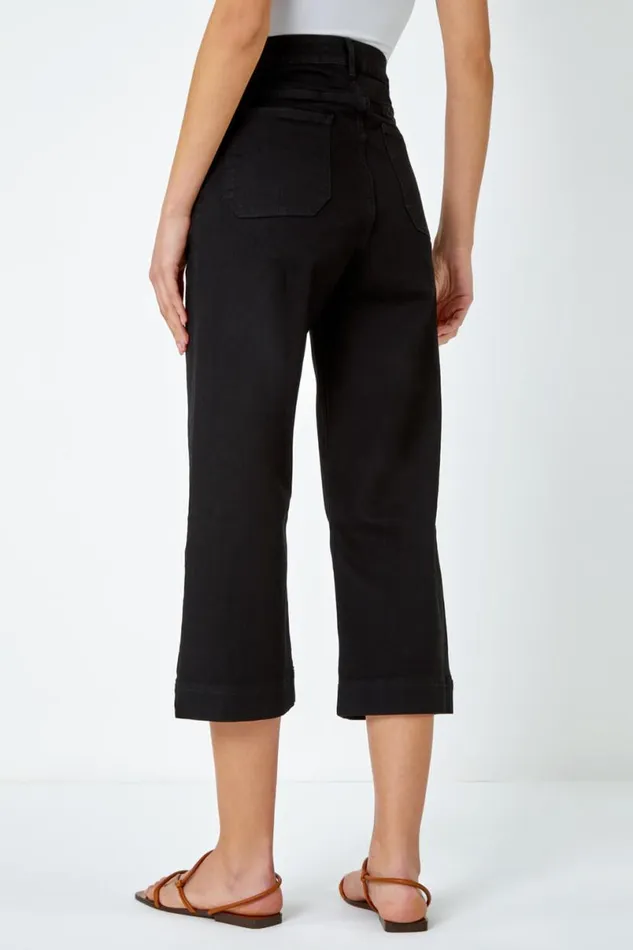 Black Wide Leg Stretch Denim Culottes Women Roman Trousers