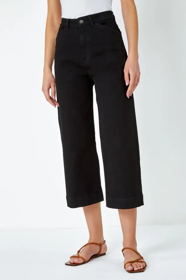 Black Wide Leg Stretch Denim Culottes Women Roman Trousers
