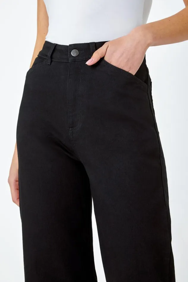 Black Wide Leg Stretch Denim Culottes Women Roman Trousers