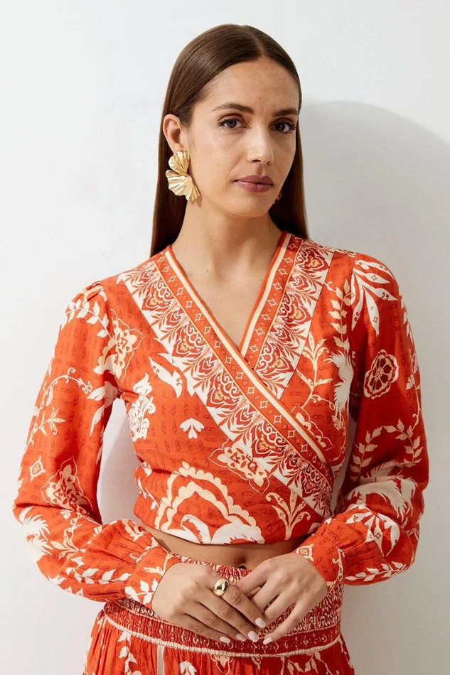 Blouses Women Karen Millen Printed Viscose Woven Wrap Balloon Sleeve Top Orange Blouses Women Karen Millen Printed Viscose Woven Wrap Balloon Sleeve Top Orange
