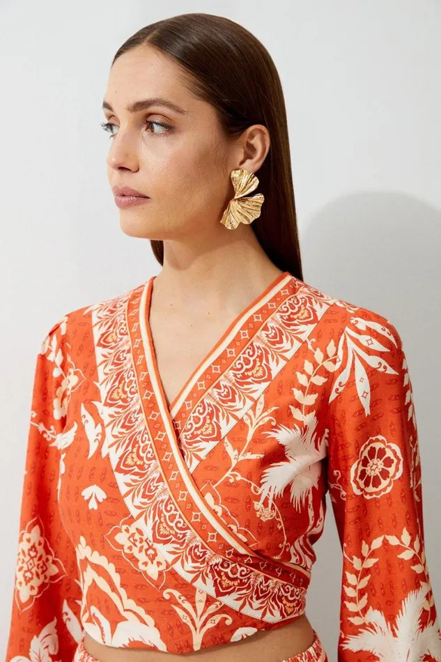 Blouses Women Karen Millen Printed Viscose Woven Wrap Balloon Sleeve Top Orange