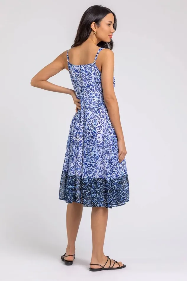 Blue Abstract Border Print Fit and Flare Dress Women Roman Dresses
