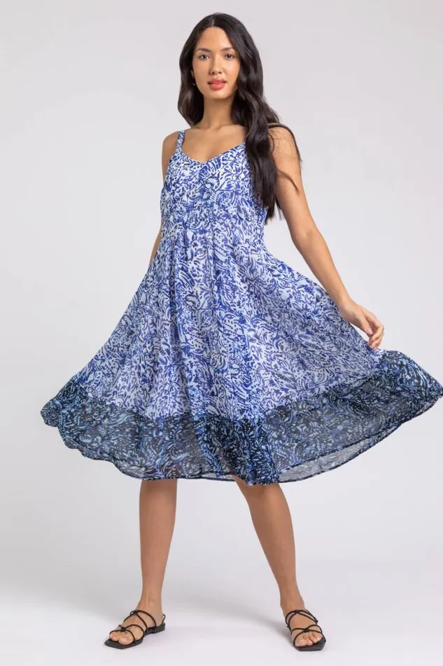 Blue Abstract Border Print Fit and Flare Dress Women Roman Dresses