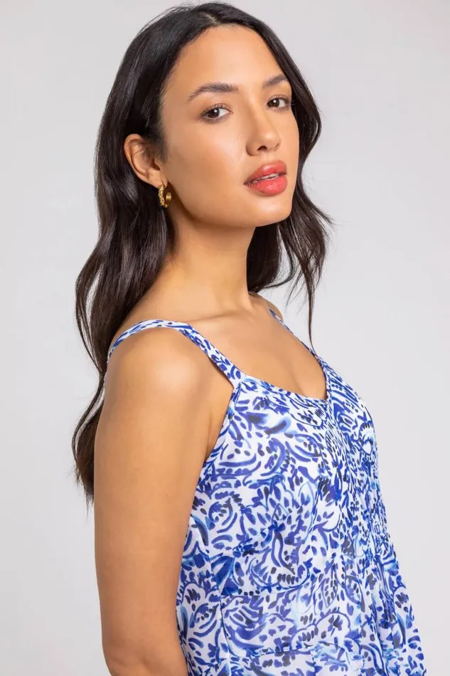 Blue Abstract Border Print Fit and Flare Dress Women Roman Dresses