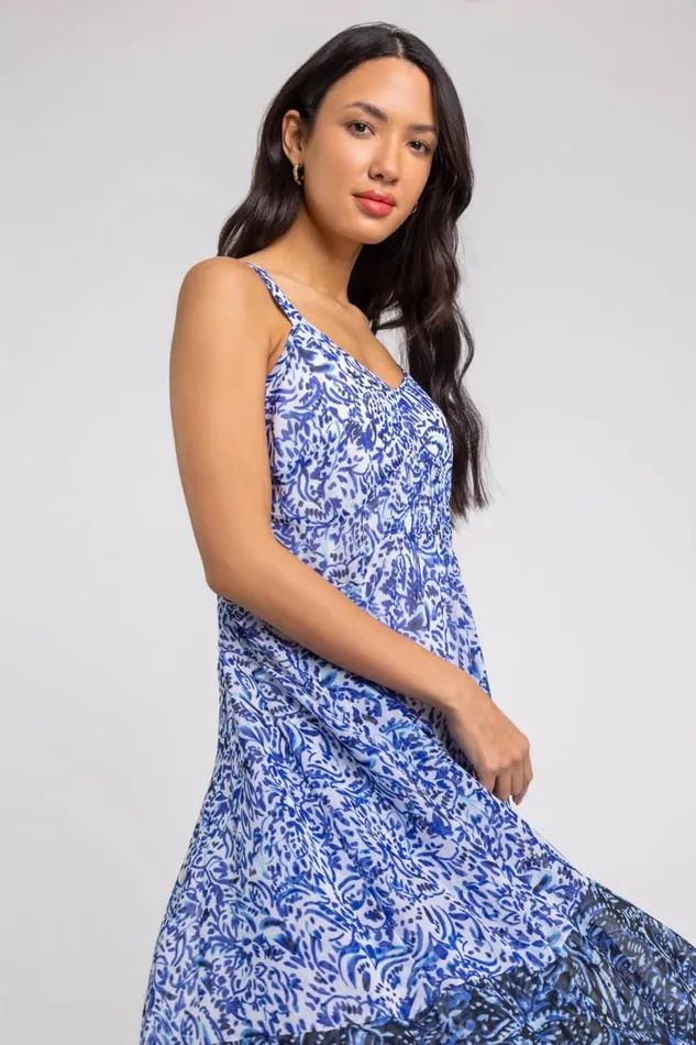 Blue Abstract Border Print Fit and Flare Dress Women Roman Dresses