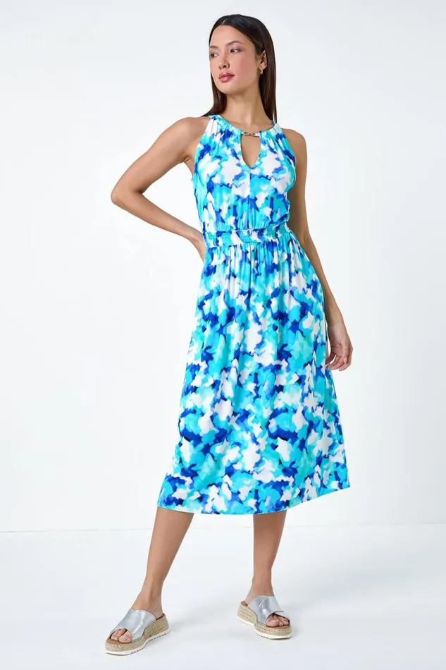 Blue Abstract Halter Neck Stretch Midi Dress Women Roman Dresses