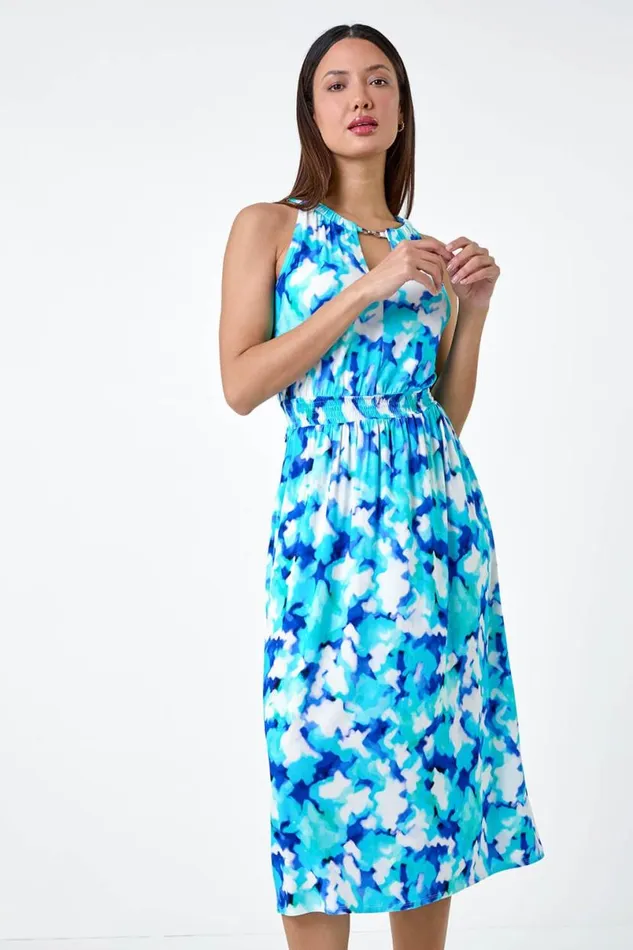 Blue Abstract Halter Neck Stretch Midi Dress Women Roman Dresses