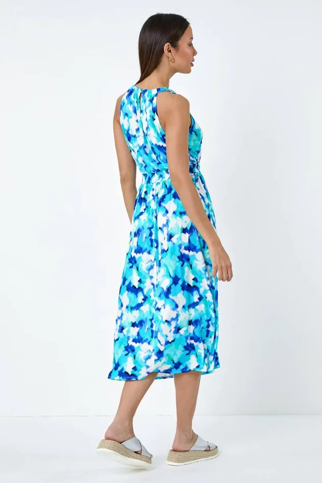 Blue Abstract Halter Neck Stretch Midi Dress Women Roman Dresses