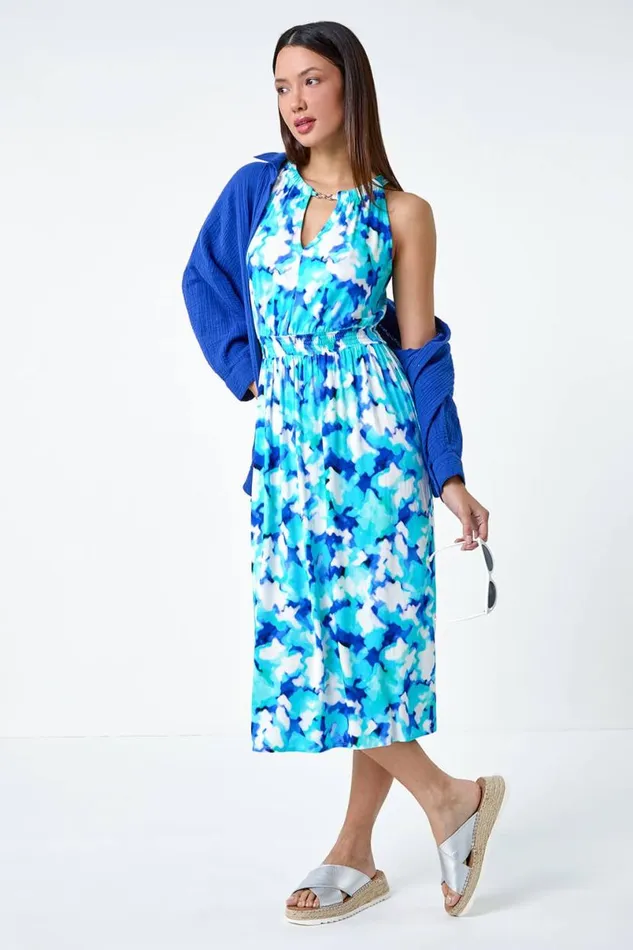 Blue Abstract Halter Neck Stretch Midi Dress Women Roman Dresses