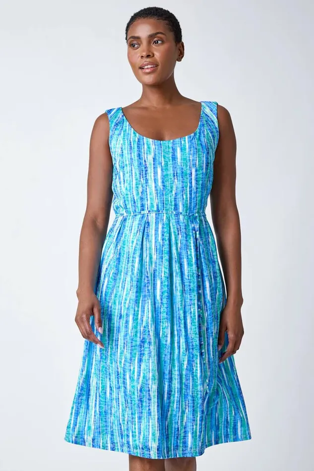 Blue Abstract Pleat Detail Dress Women Roman Dresses