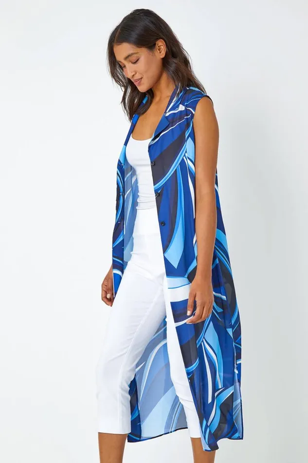 Blue Abstract Print Longline Button Blouse Women Roman Tops