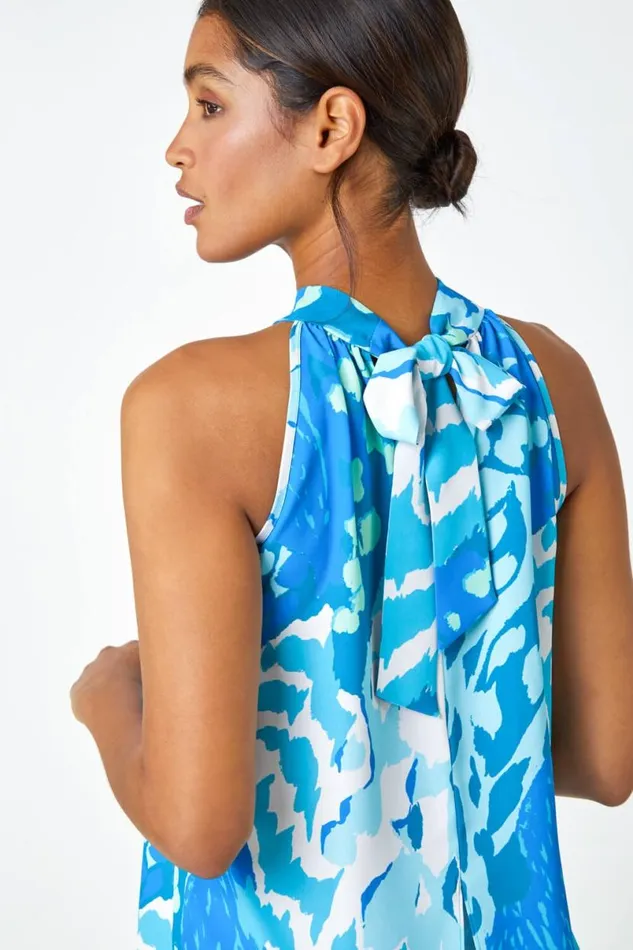 Blue Animal Print Halterneck Tie Detail Top Women Roman Tops