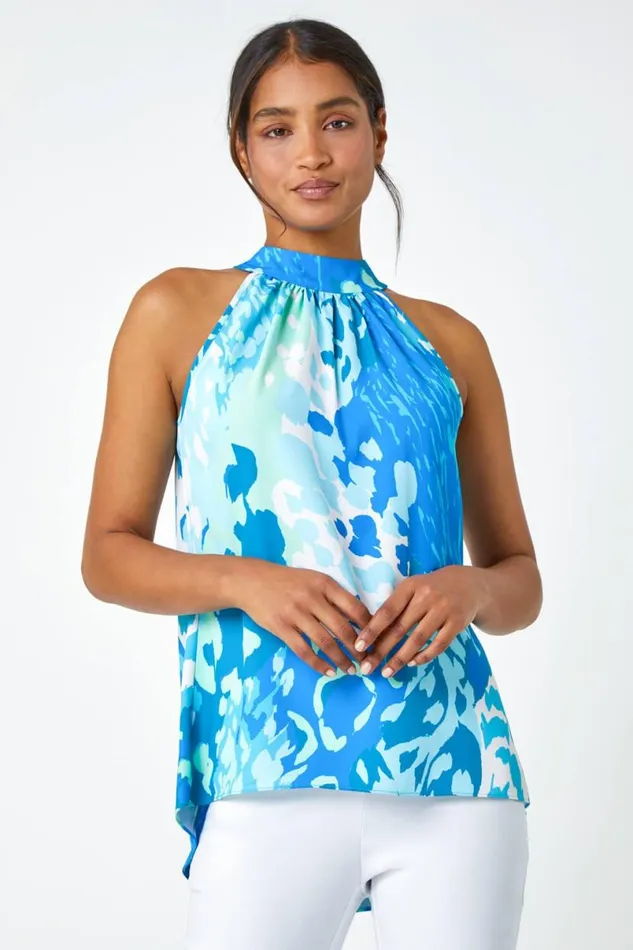 Blue Animal Print Halterneck Tie Detail Top Women Roman Tops