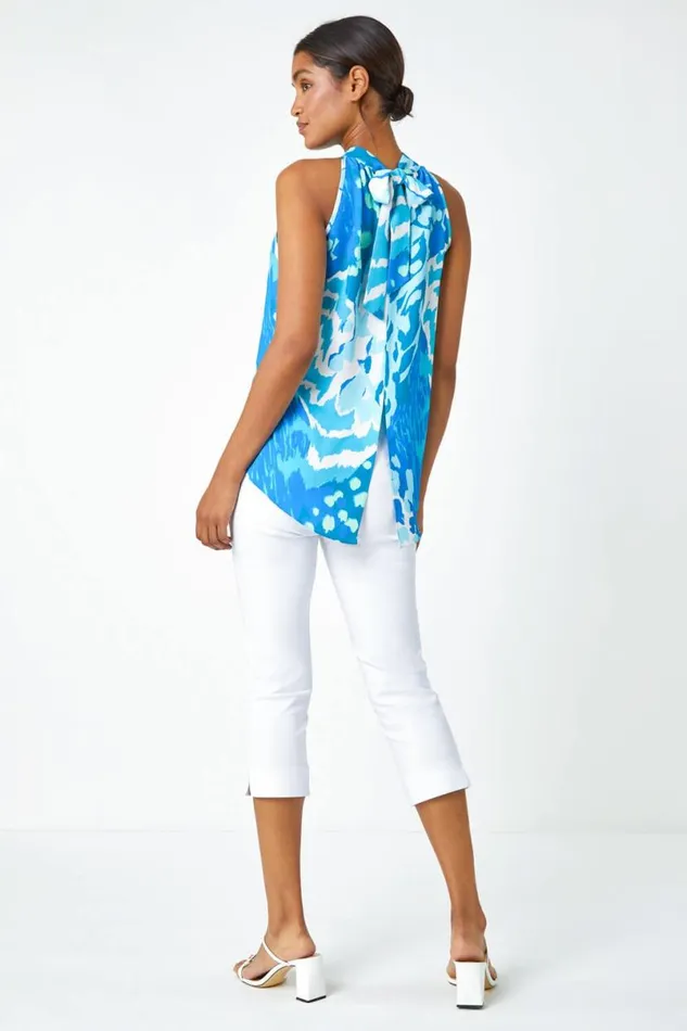 Blue Animal Print Halterneck Tie Detail Top Women Roman Tops