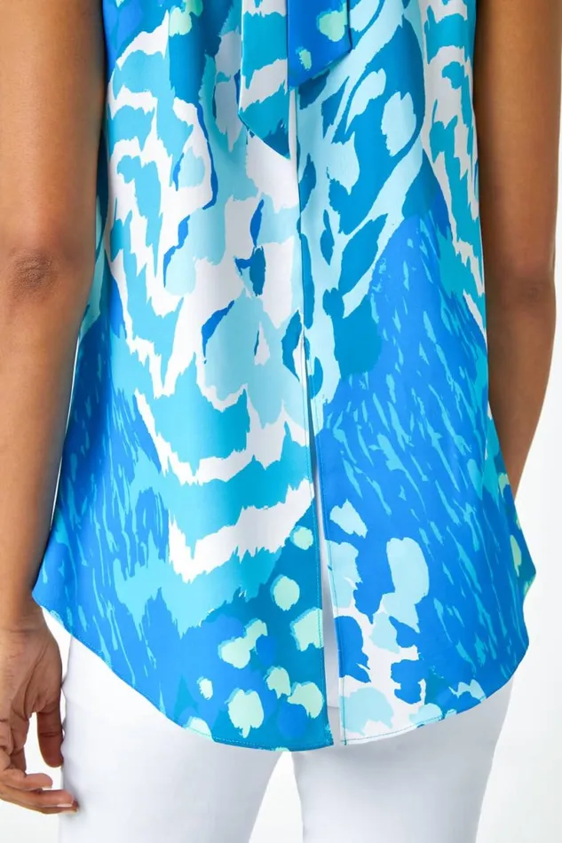 Blue Animal Print Halterneck Tie Detail Top Women Roman Tops