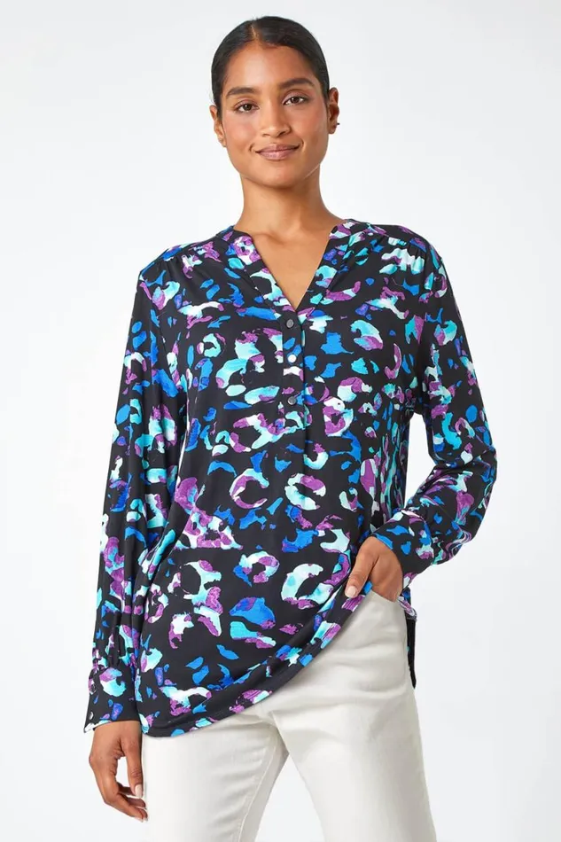 Blue Animal Print VNeck Stretch Shirt Top Women Roman Tops