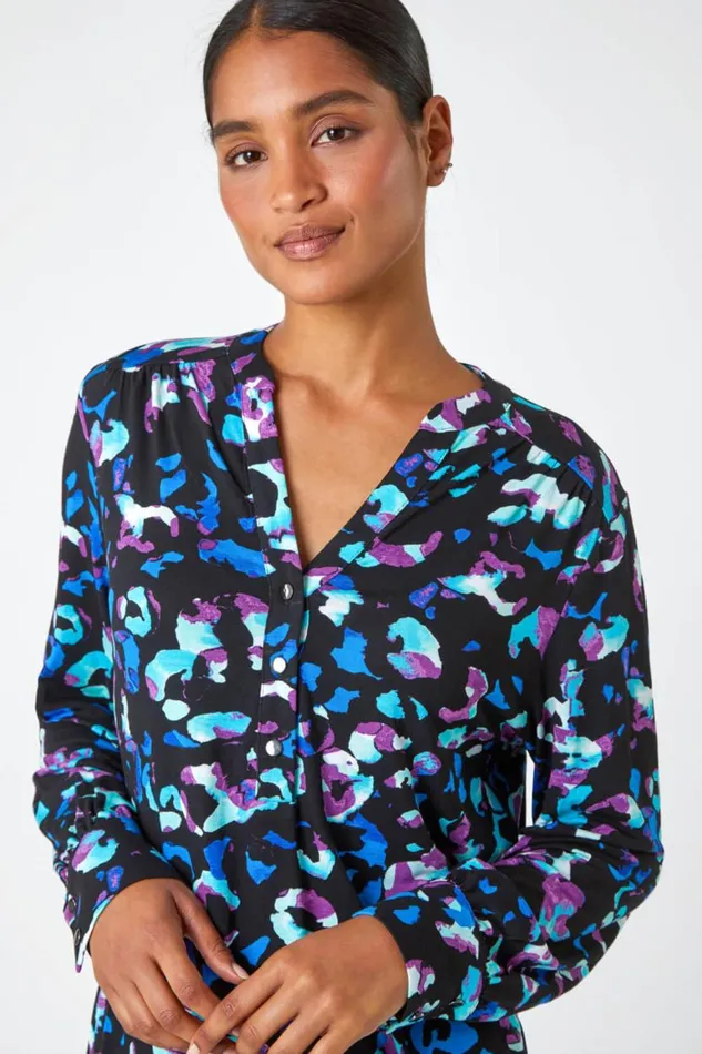 Blue Animal Print VNeck Stretch Shirt Top Women Roman Tops