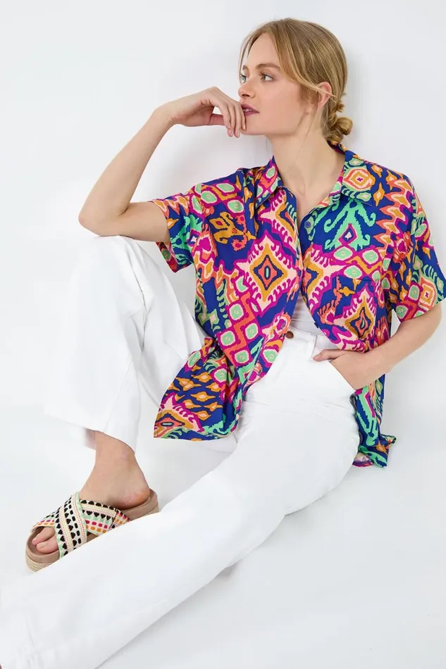 Blue Aztec Print Short Sleeve Shirt Women Roman Tops