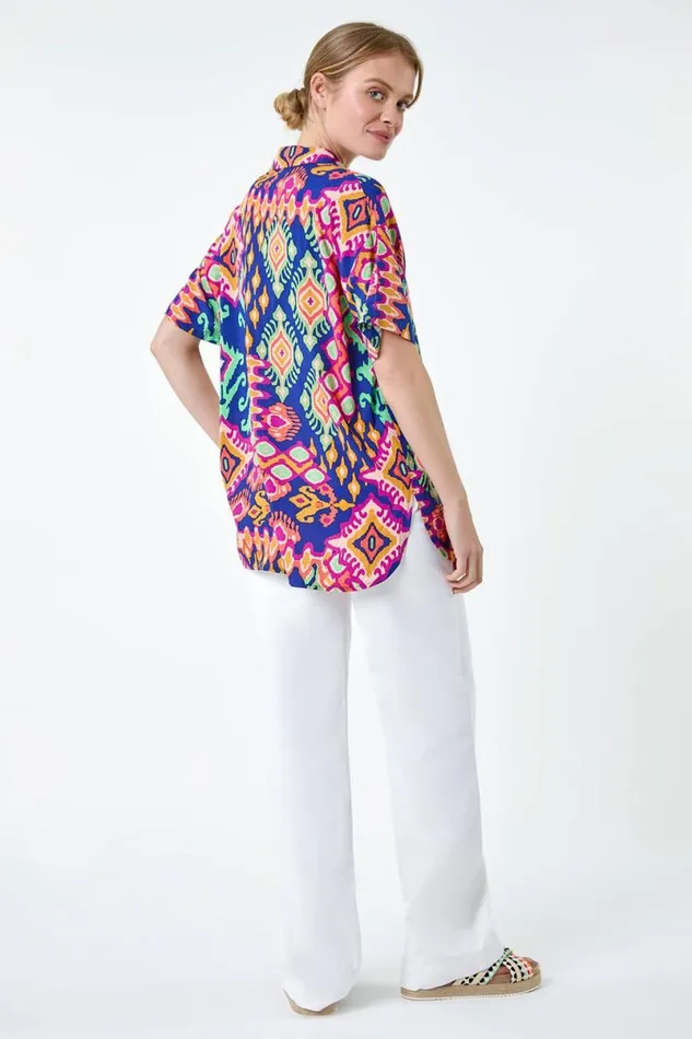 Blue Aztec Print Short Sleeve Shirt Women Roman Tops