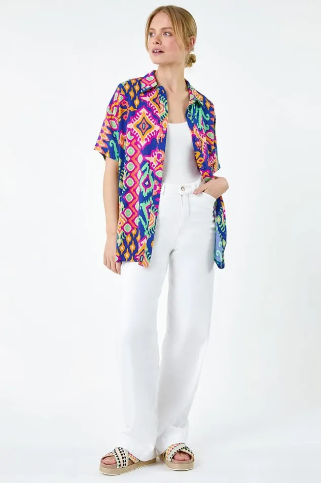Blue Aztec Print Short Sleeve Shirt Women Roman Tops