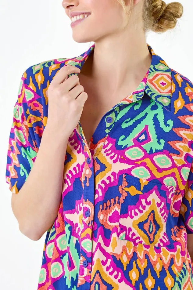 Blue Aztec Print Short Sleeve Shirt Women Roman Tops