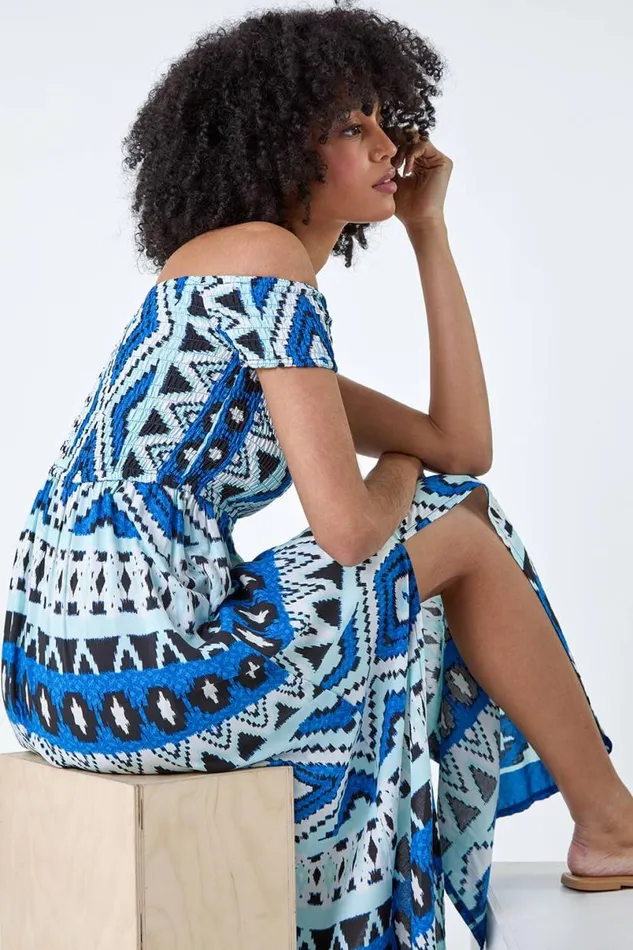 Blue Aztec Shirred Bardot Maxi Dress Women Roman Dresses