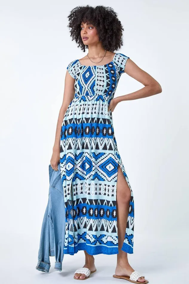 Blue Aztec Shirred Bardot Maxi Dress Women Roman Dresses